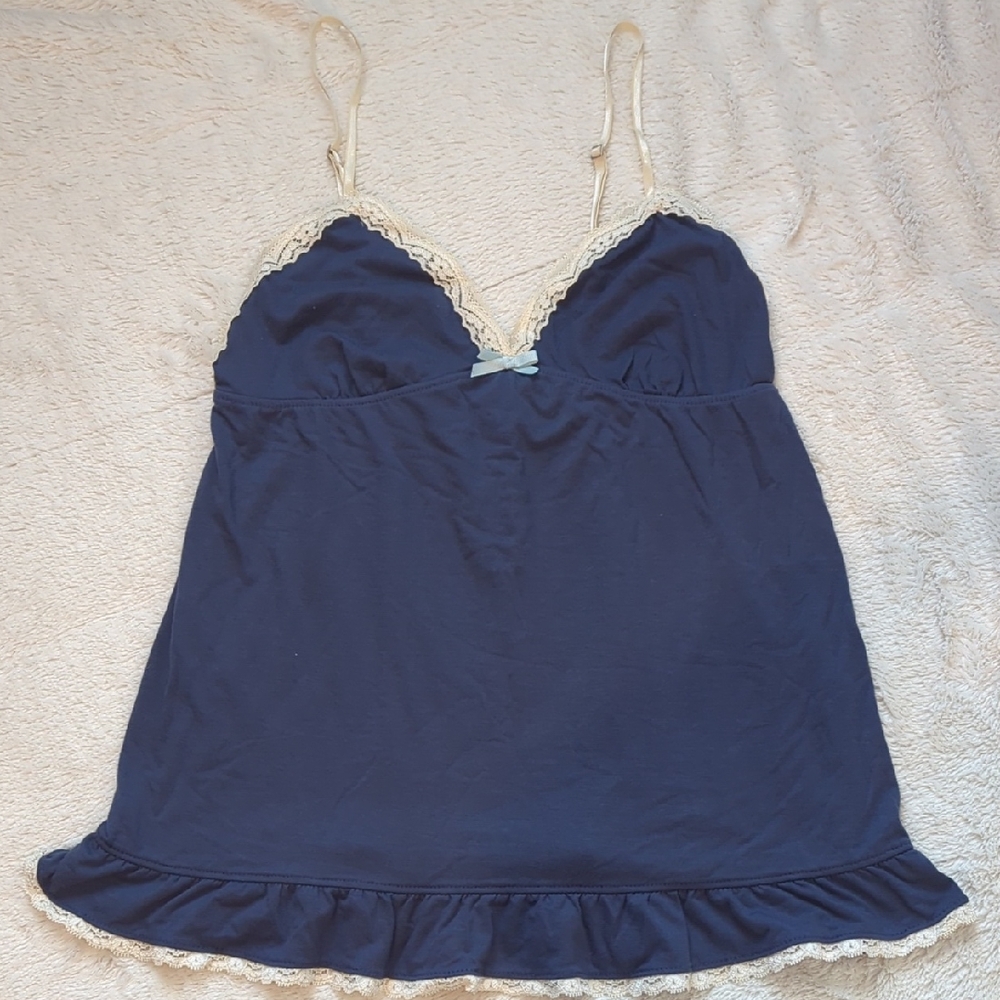 Navy Blue Lace Trim Cami + Capri Set